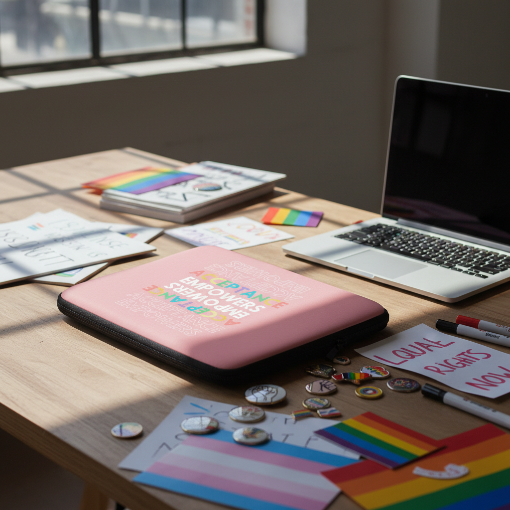 Acceptance Empowers Laptop Sleeve with bold "Empower, Support, Love" text on a bright desk, flanked by rainbow flags and queer pride swag.