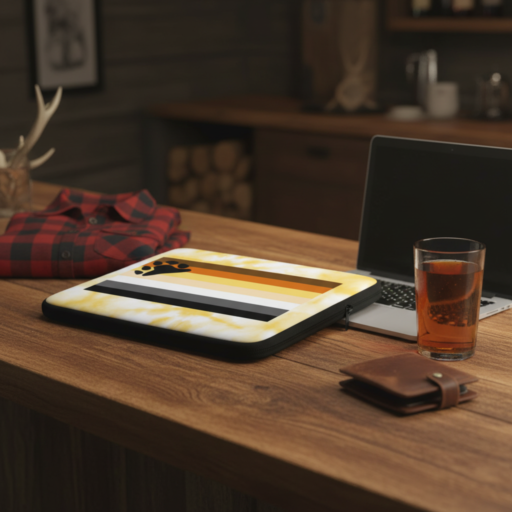 Gay Bear Pride laptop sleeve featuring brown, orange, white, and black stripes with a paw print, on a wood desk by queer essentials.
