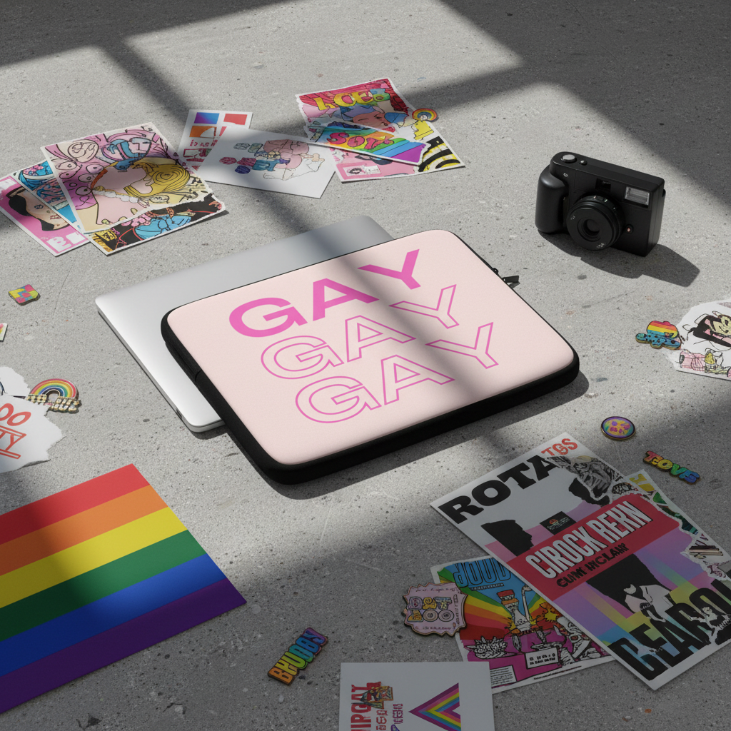 Laptop in a "Gay Gay Gay" sleeve sits on a floor with rainbow flag, queer stickers, camera, and drawings; sunlight filters in.