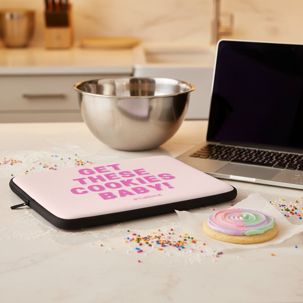 Laptop sleeve in bold pink with striking purple “GET THESE COOKIES BABY!” slogan, shown on a counter with baking supplies.