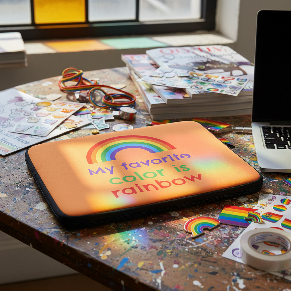 Laptop sleeve with “My Favourite Color Is Rainbow” and rainbow graphic on a paint-splattered desk, surrounded by Pride swag.