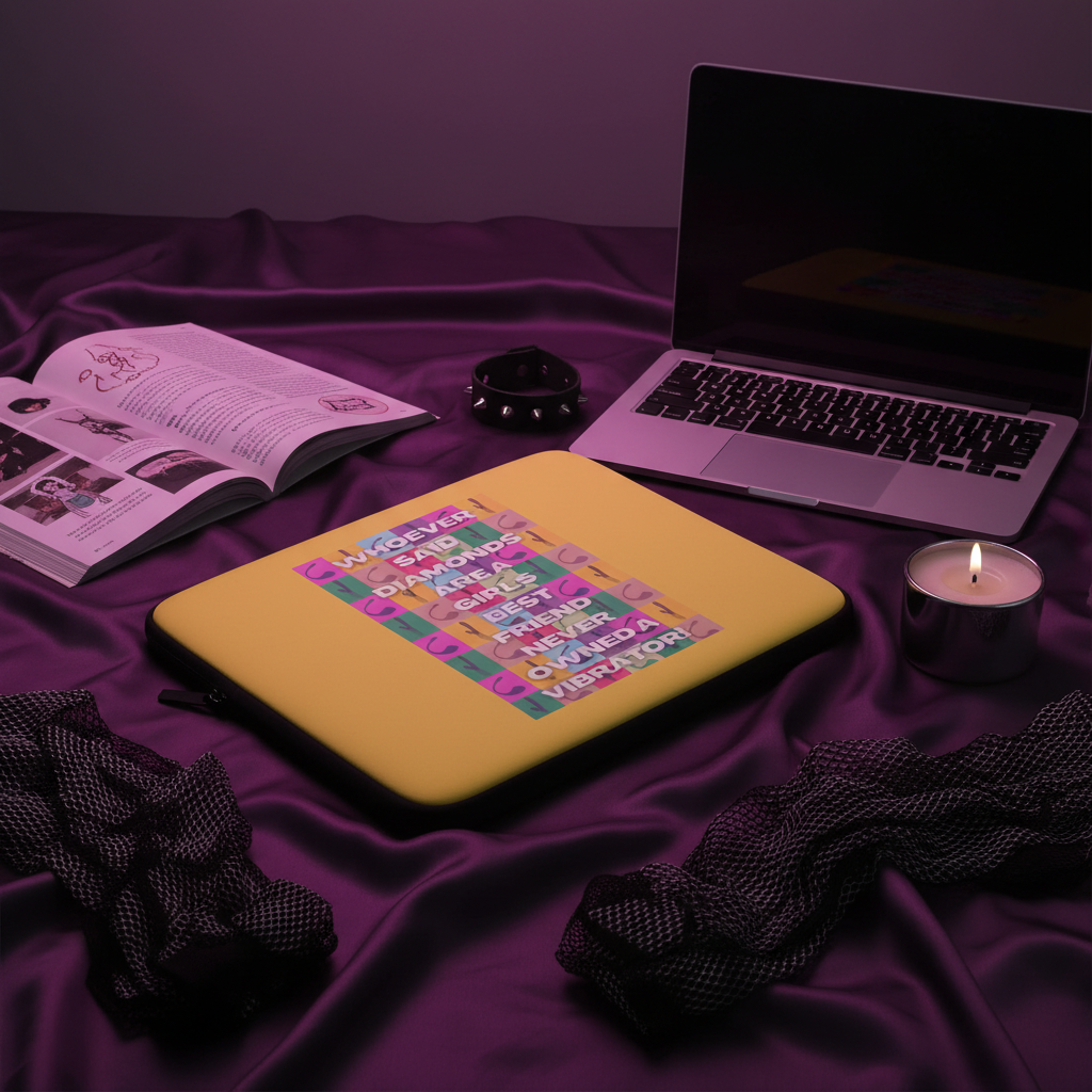 Never Owned A Vibrator laptop sleeve with bold rainbow text, set on silky purple with a laptop, candle, fishnet and magazine nearby.