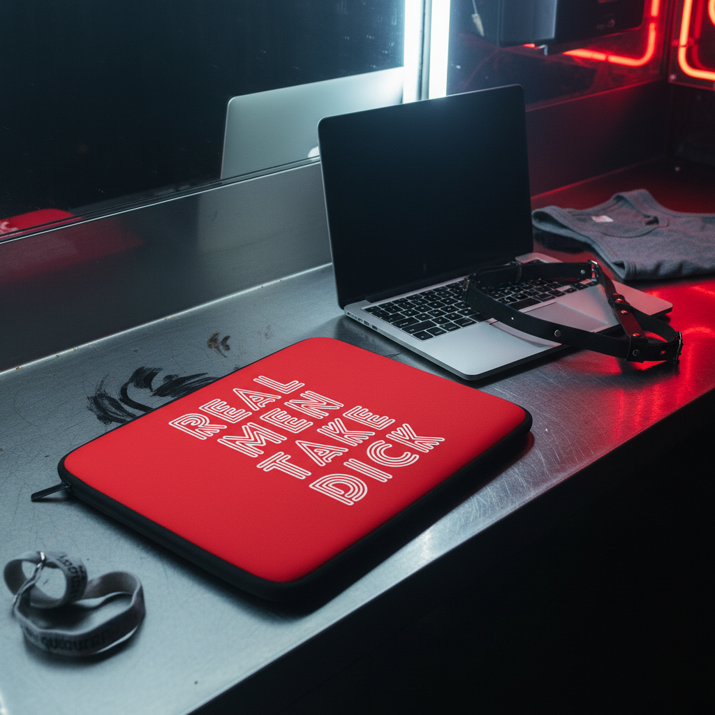 Laptop sleeve with bold white "Real Men Take Dick" text on red, shown on metallic counter near open laptop and gray shirt, neon-lit.