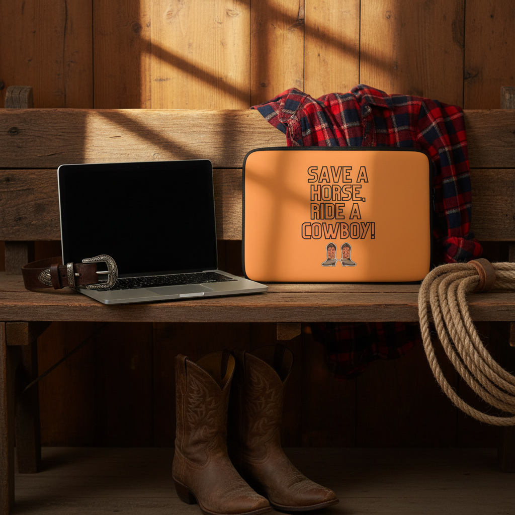 Save A Horse Ride A Cowboy laptop sleeve on a wooden bench, beside a laptop, cowboy boots, rope, leather belt, and red plaid shirt in sunlight.