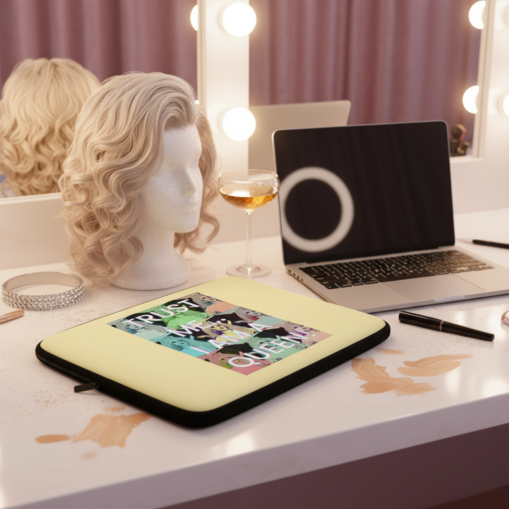 Trust Me I'm A Queen" laptop sleeve on a vanity with blonde wig, jeweled headband, makeup, champagne, and round-bulbed mirror.