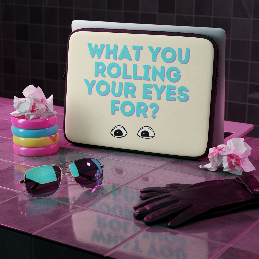 Laptop sleeve with “What You Rolling Your Eyes For?” in bold pastel text and cartoon eyes on dark tiles, plus pink sunglasses, black glove, pastel bangles, and crumpled tissues nearby.