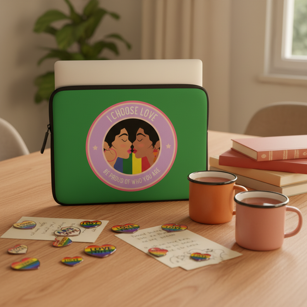 Green "I Choose Love" laptop sleeve with two people kissing and the phrase "I choose love," among rainbow pins, pride stickers, mugs, books, and notes on a wooden table.
