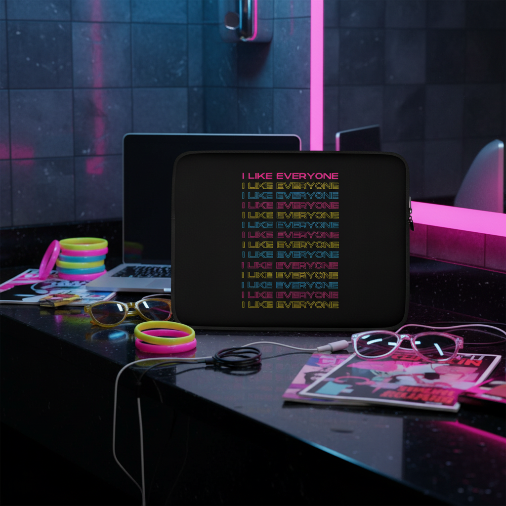 Laptop sleeve with "I Like Everyone" in bold, colorful letters, on a tiled bathroom counter lit by pink neon, with queer party vibes.
