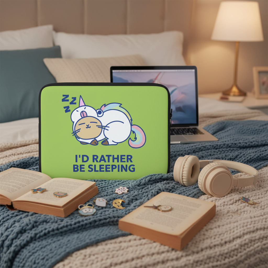 I'd Rather Be Sleeping" laptop sleeve with a cute cat-unicorn and bold text on a knitted blanket, surrounded by books, pins, laptop, and headphones.