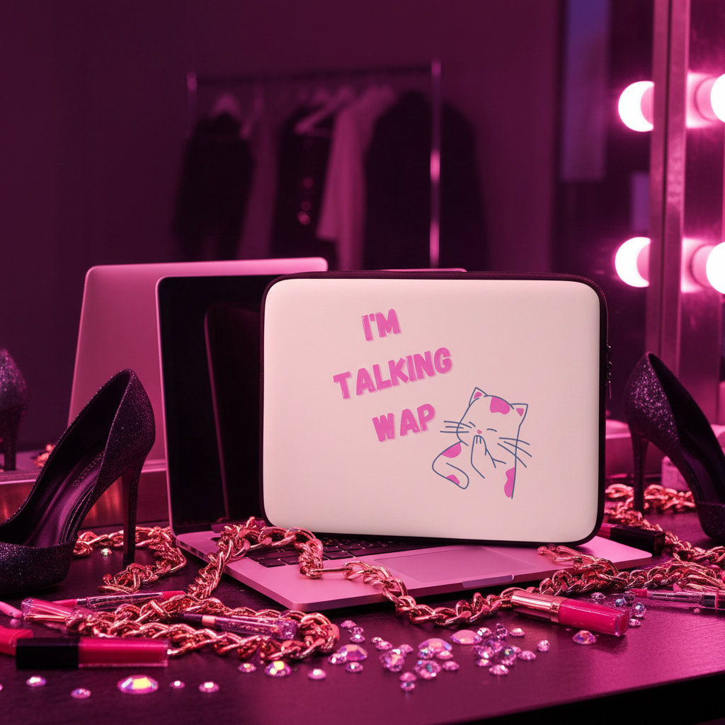 Laptop sleeve with a cartoon cat and pink "IM TALKING WAP" text, surrounded by high heels, gold chains, lipsticks, rhinestones on a vanity with pink neon lighting.