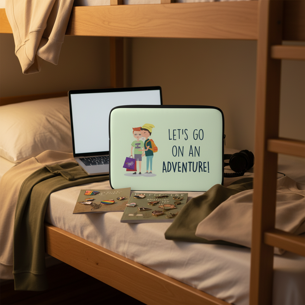Mint green neoprene Let's Go On An Adventure laptop sleeve with a cute cartoon couple and the quote, on a bunk bed near headphones, pins, and an open laptop.