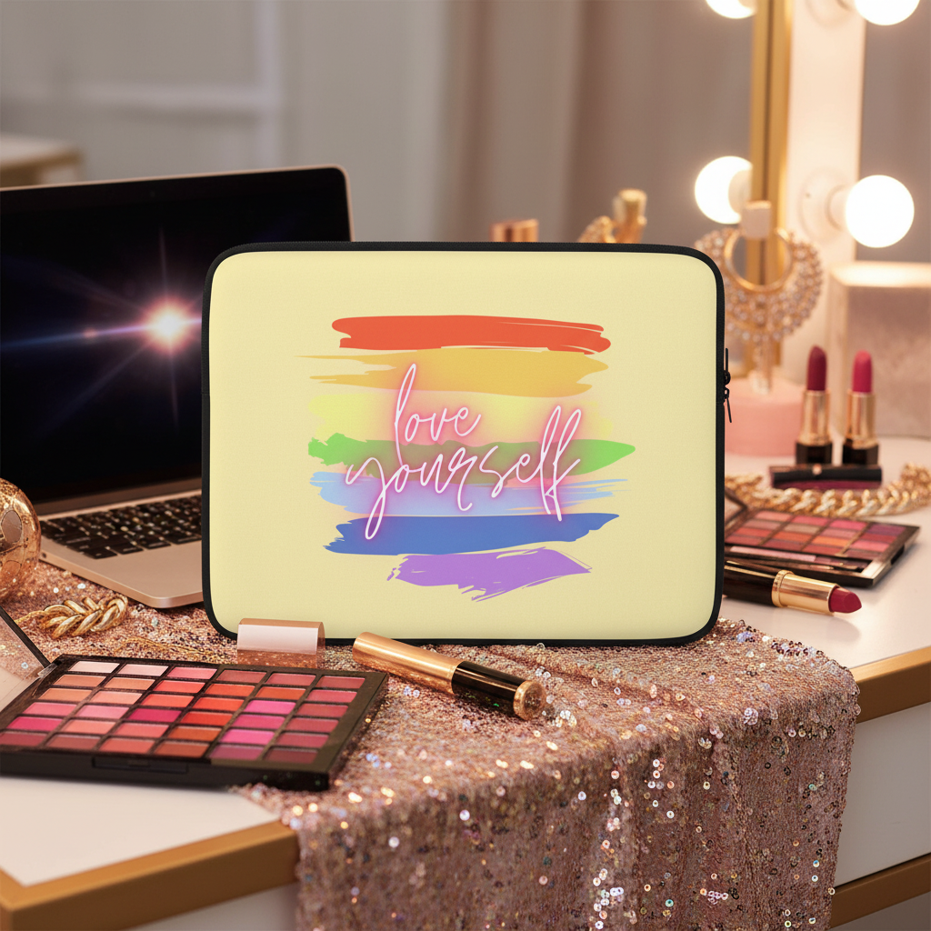 Yellow laptop sleeve with rainbow brushstrokes and "love yourself" script, faux fur lining, on a vanity with queer-coded decor.