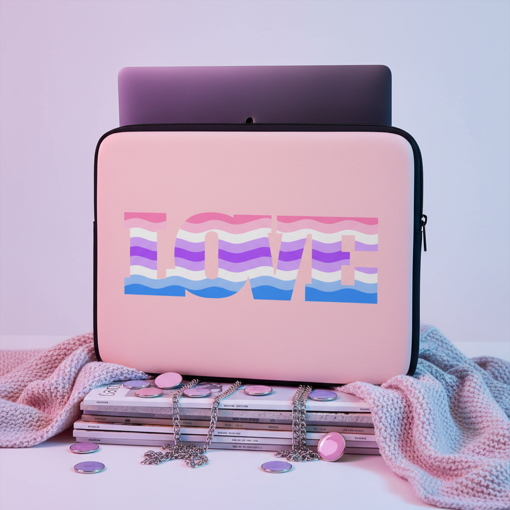 Genderfluid pride laptop sleeve in pink, “LOVE” in wavy blue, purple, white, and pink stripes; on mags with queer pins and chains.