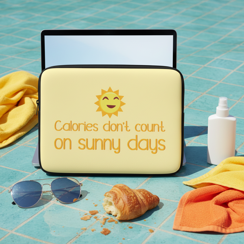 Laptop sleeve reading "Calories Don't Count On Sunny Days" with a cute sun, near sunglasses, croissant, towels, and sunscreen.