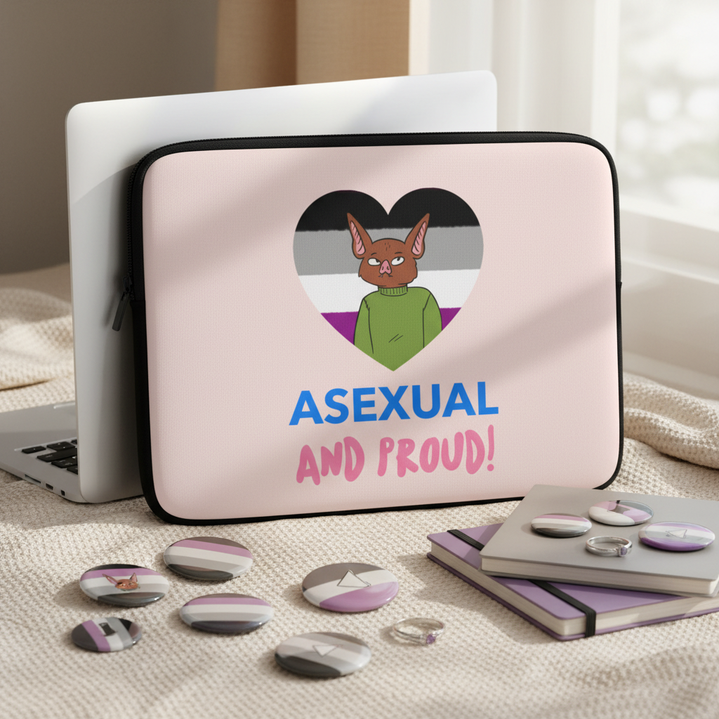 Asexual And Proud pink laptop sleeve with a heart-shaped ace flag, cartoon bat in green sweater, and "ASEXUAL AND PROUD!" text.