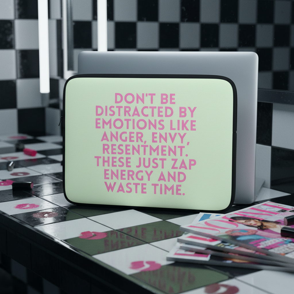 Laptop sleeve with mint green faux fur and bold pink “Don't Be Distracted By Emotions” text, on checkered counter by queer-coded decor.