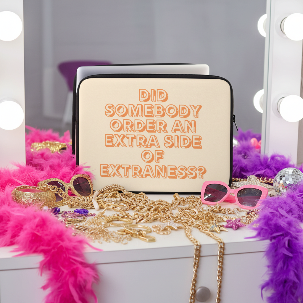 Beige faux fur "Extra Side Of Extraness" laptop sleeve with bold orange text, serving queer flair amid boas, gold bling, and a lit vanity.