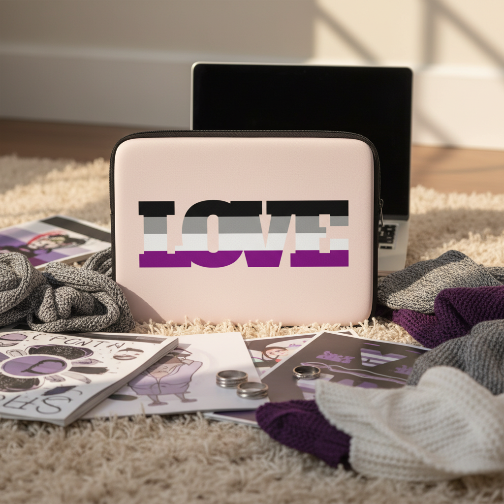 Asexual Love Laptop Sleeve with “LOVE” in ace flag colors, faux fur lining, on beige rug among queer scarves, art, and buttons.