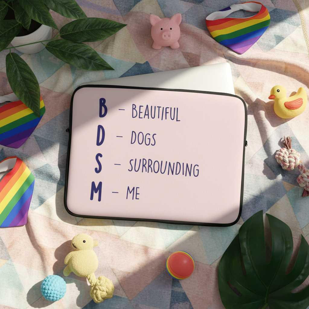 BDSM (Beautiful Dogs Surrounding Me) laptop sleeve on a pastel checkered blanket, with rainbow heart bibs, dog toys, plant, and animal figurines.