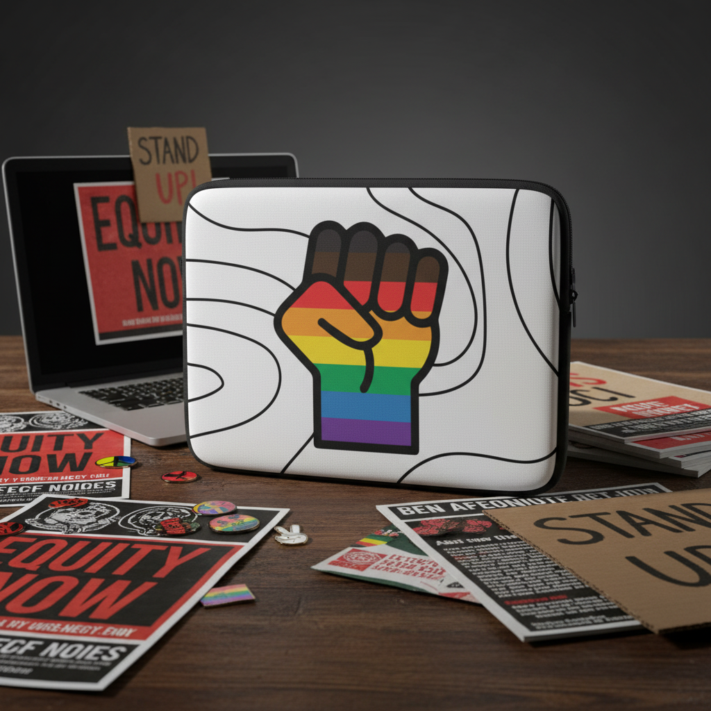 Laptop sleeve with a rainbow Pride fist, stickers and pins, “Equity Now” flyers, and queer activism vibes; bold, affirming cover.