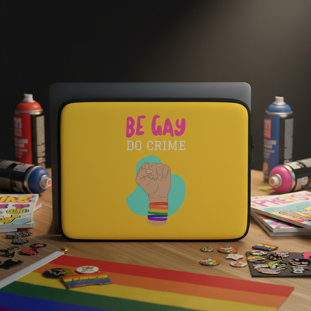 Yellow "Be Gay Do Crime" laptop sleeve with a raised fist, rainbow bracelets, blue circle; shown on a desk with pride gear.