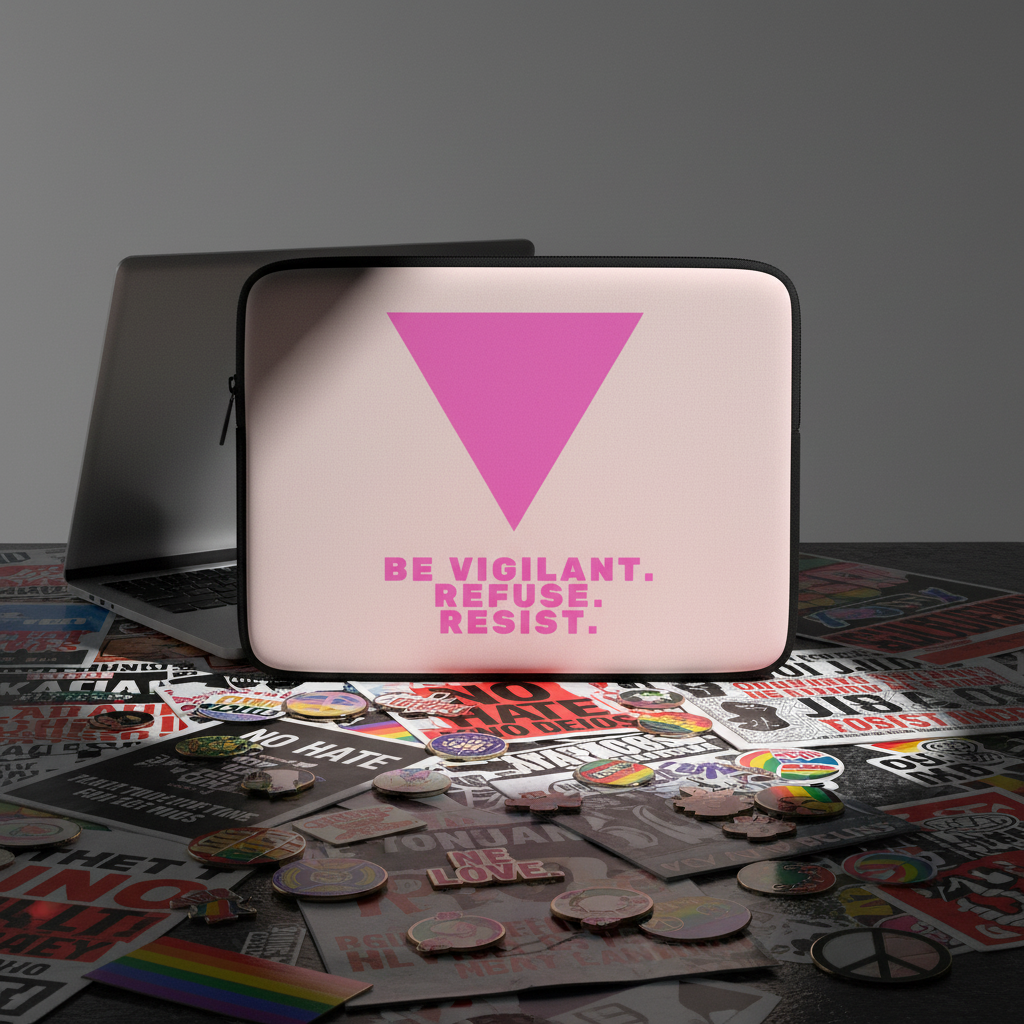 Laptop sleeve with bold "Be Vigilant. Refuse. Resist." slogan and big pink triangle, among protest stickers and pride buttons, laptop nearby.