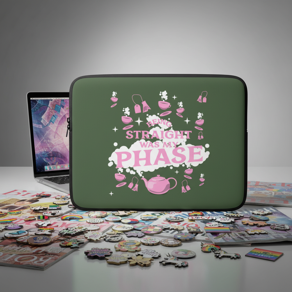 Green neoprene "Being Straight Was My Phase" laptop sleeve with pink teapot, cup, and shoe art, shown by pins and stickers.