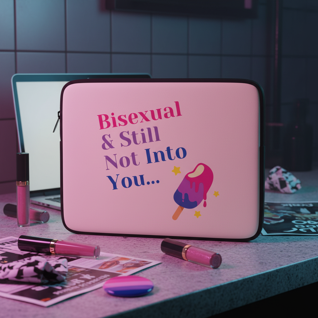 Laptop sleeve in neoprene with bold "Bisexual & Still Not Into You" text and vibrant ice cream art, set by makeup and magazines, pops against pink and blue tiles.