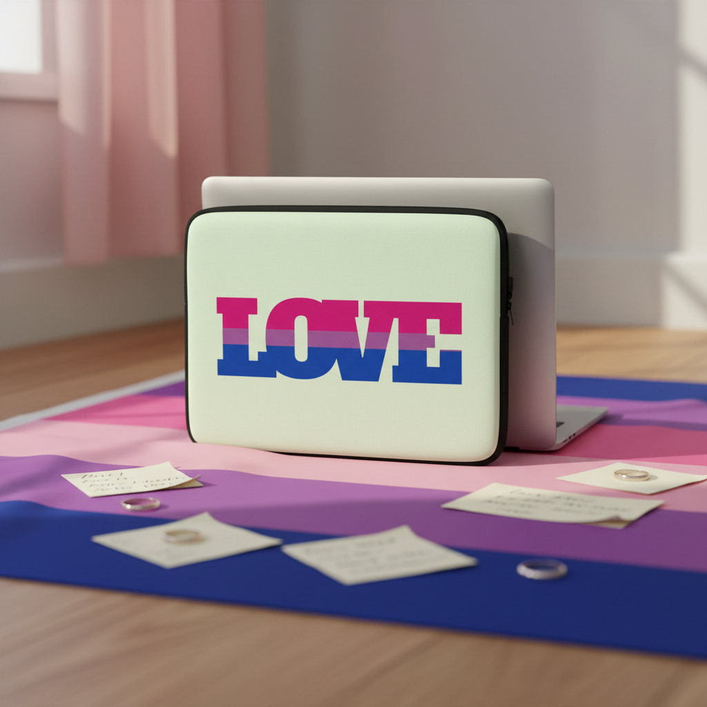 Bisexual Love Laptop Sleeve with "LOVE" in pink, purple, and blue sits on a matching mat; notes and pins nearby, cozy sunlit room.