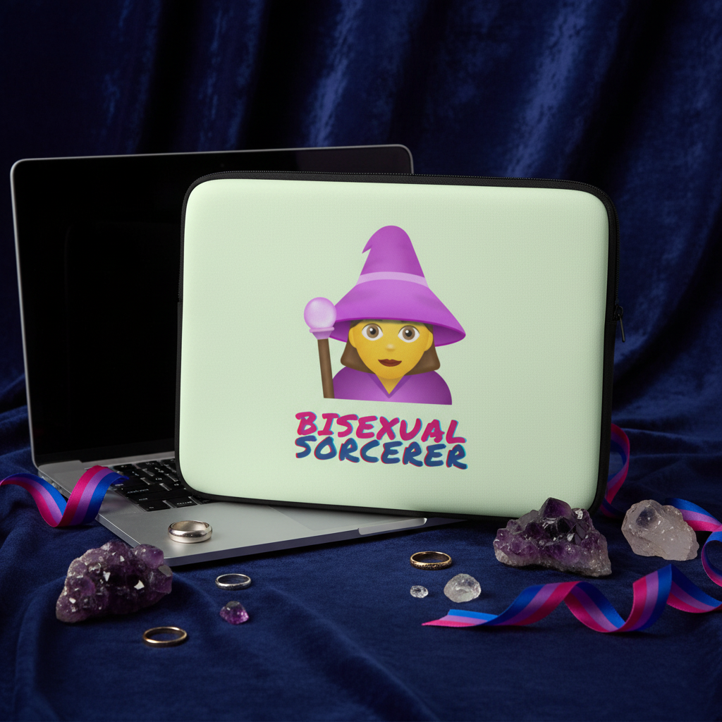 Light green "Bisexual Sorcerer" laptop sleeve with a cartoon wizard emoji, on a silver laptop, plus bi pride ribbons and amethyst.