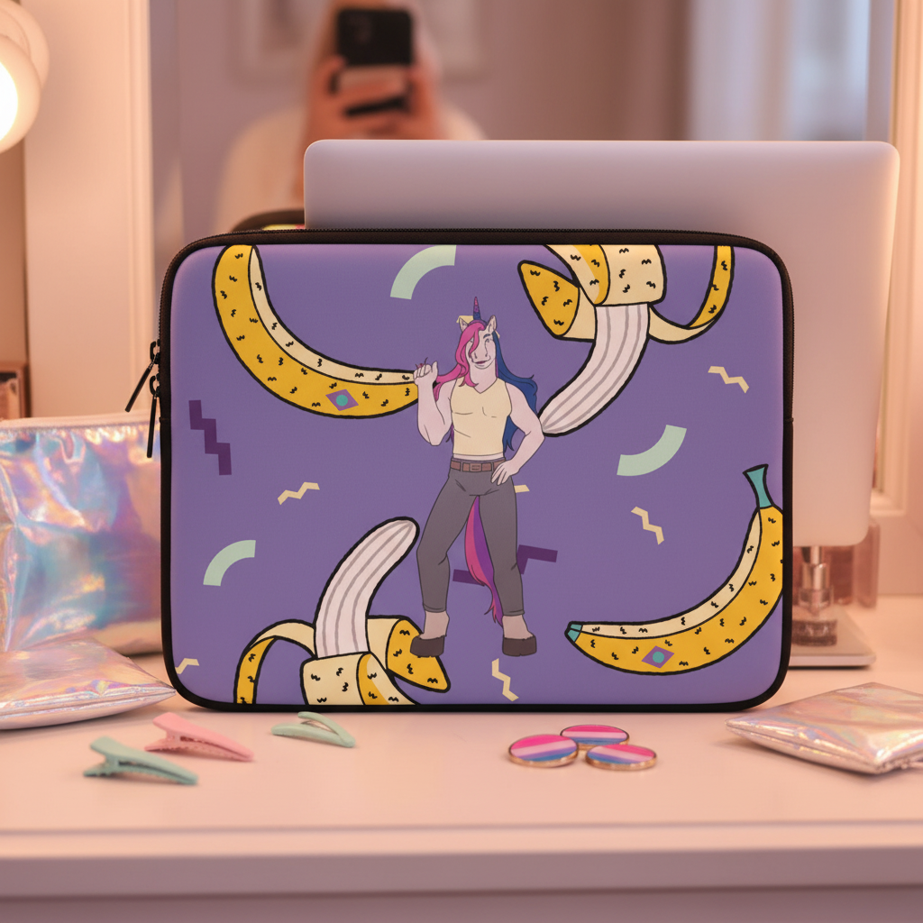 Purple water-resistant Bisexual Unicorn laptop sleeve with queer cartoon unicorn in gray pants and bananas, shown on a vanity with iridescent pouches, hair clips, and a photo mirrored.