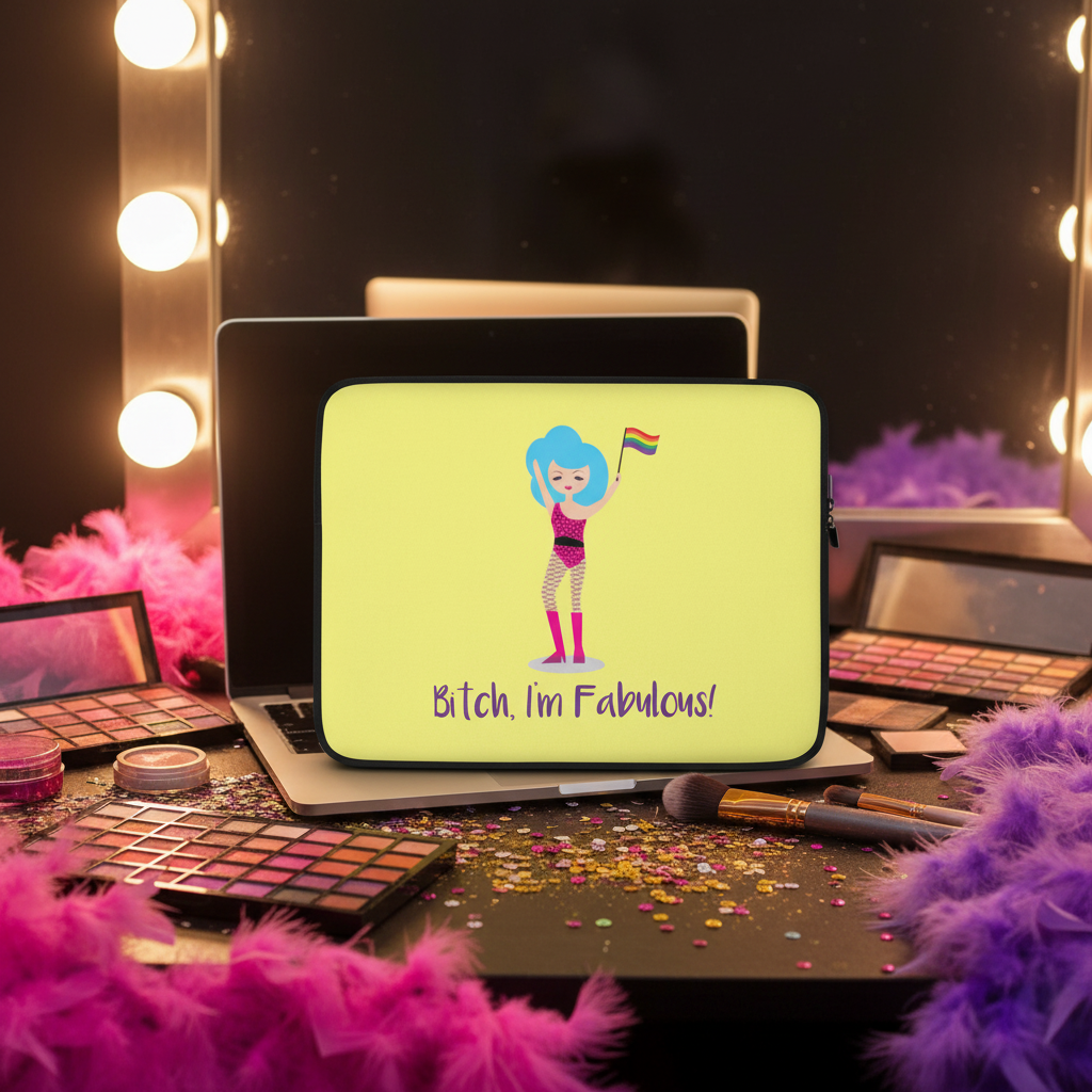 Drag Queen Laptop Sleeve, "Bitch I'm Fabulous!", with blue-haired cartoon holding a pride flag; pink, purple boas, brushes, and glitter.