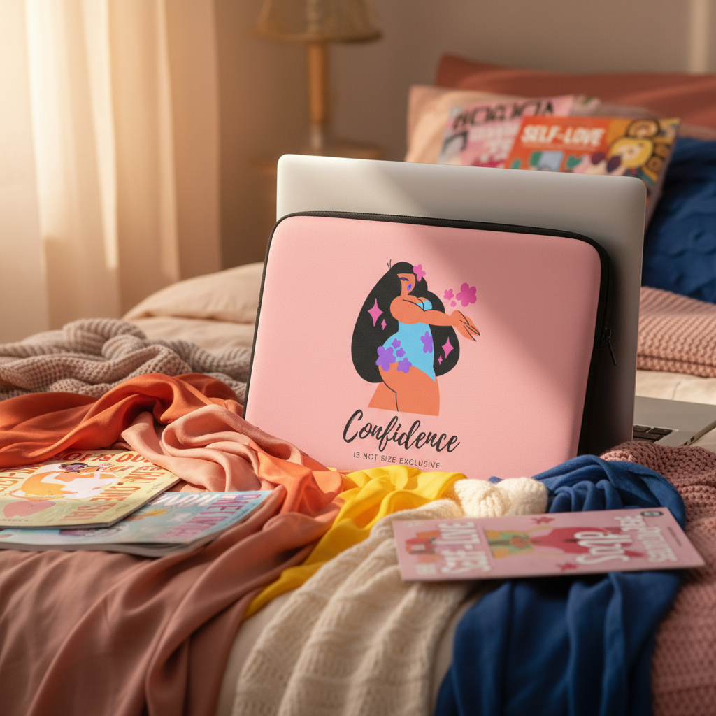 Body Confidence Laptop Sleeve with “Confidence is not size exclusive” and a bold woman, resting on colorful blankets, radiates body positivity.