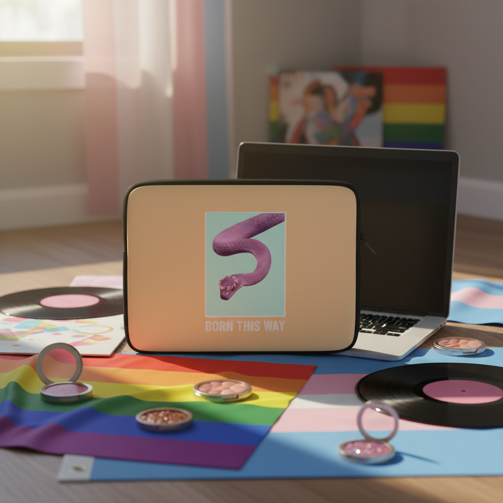 Beige Born This Way laptop sleeve with a purple snake and “BORN THIS WAY,” surrounded by LGBTQ+ pride flags, vinyls, and makeup.