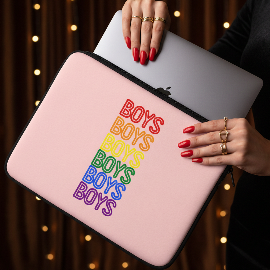 Pink Boys Boys Boys laptop sleeve with “BOYS” in rainbow colors, held by a red-nailed hand; warm string lights softly glow behind.