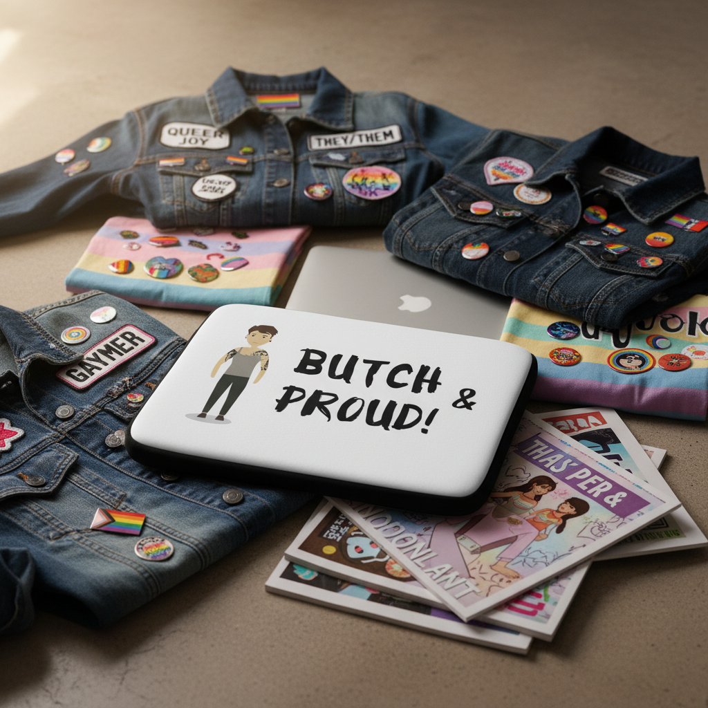 Butch & Proud Laptop Sleeve surrounded by denim jackets with LGBTQ+ patches, pronoun pins, pride flag, notebooks, comics, and stickers.