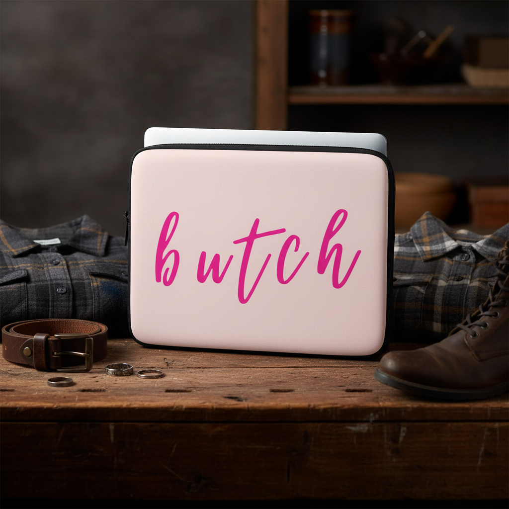 Pale pink Butch Laptop Sleeve with bold pink script sits on rustic wood table, near brown belt, plaid shirt, boot; mugs behind.