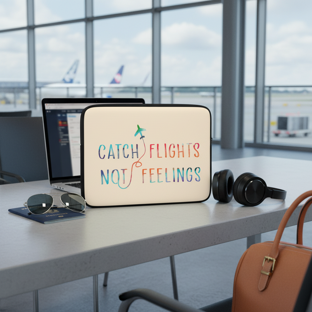 Laptop sleeve with bold, colorful "Catch Flights Not Feelings" text and a plane graphic, on an airport table by a laptop, headphones, passport, and boarding pass; runway scene visible through big windows.