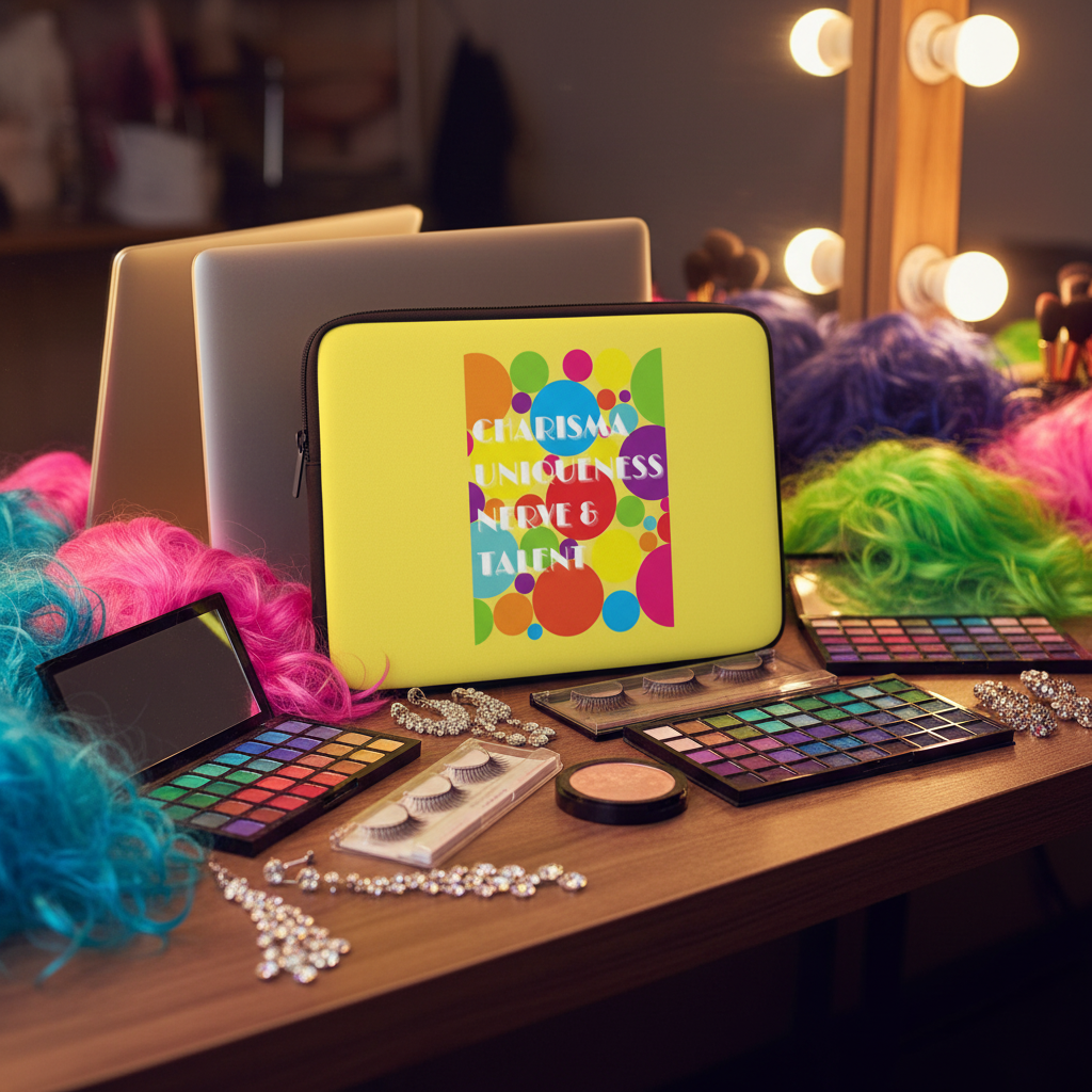 Charisma Uniqueness Nerve & Talent laptop sleeve in front of a lit vanity with bright wigs, makeup, rhinestone jewelry, closed laptop.