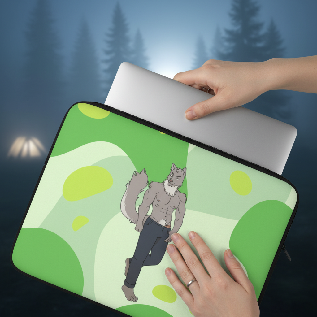 Gay Wolf Laptop Sleeve featuring a buff wolf in jeans, set on a green-yellow misty pine scene with a glowing camp tent backdrop.