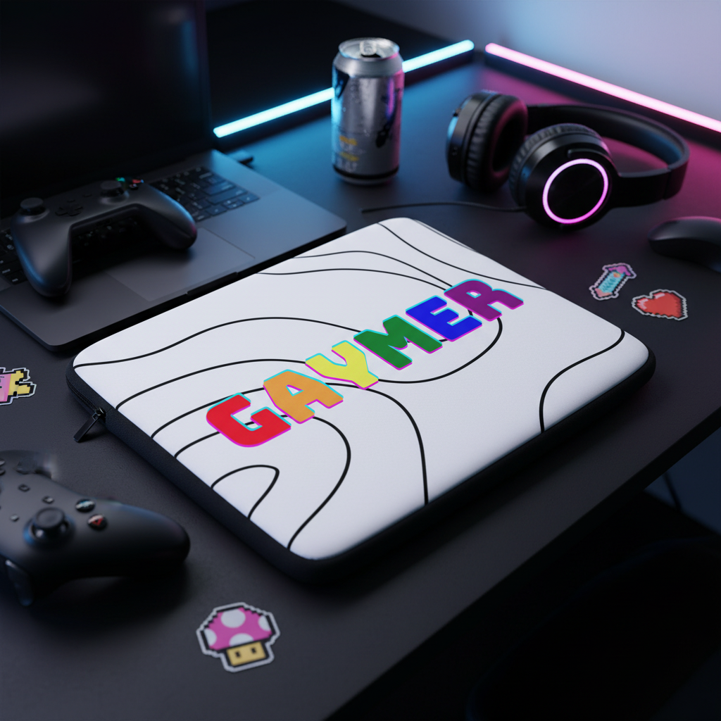 Laptop sleeve with a white and black wavy pattern, "GAYMER" in rainbow colors, water-resistant, glowing under neon lights on a gaming desk.
