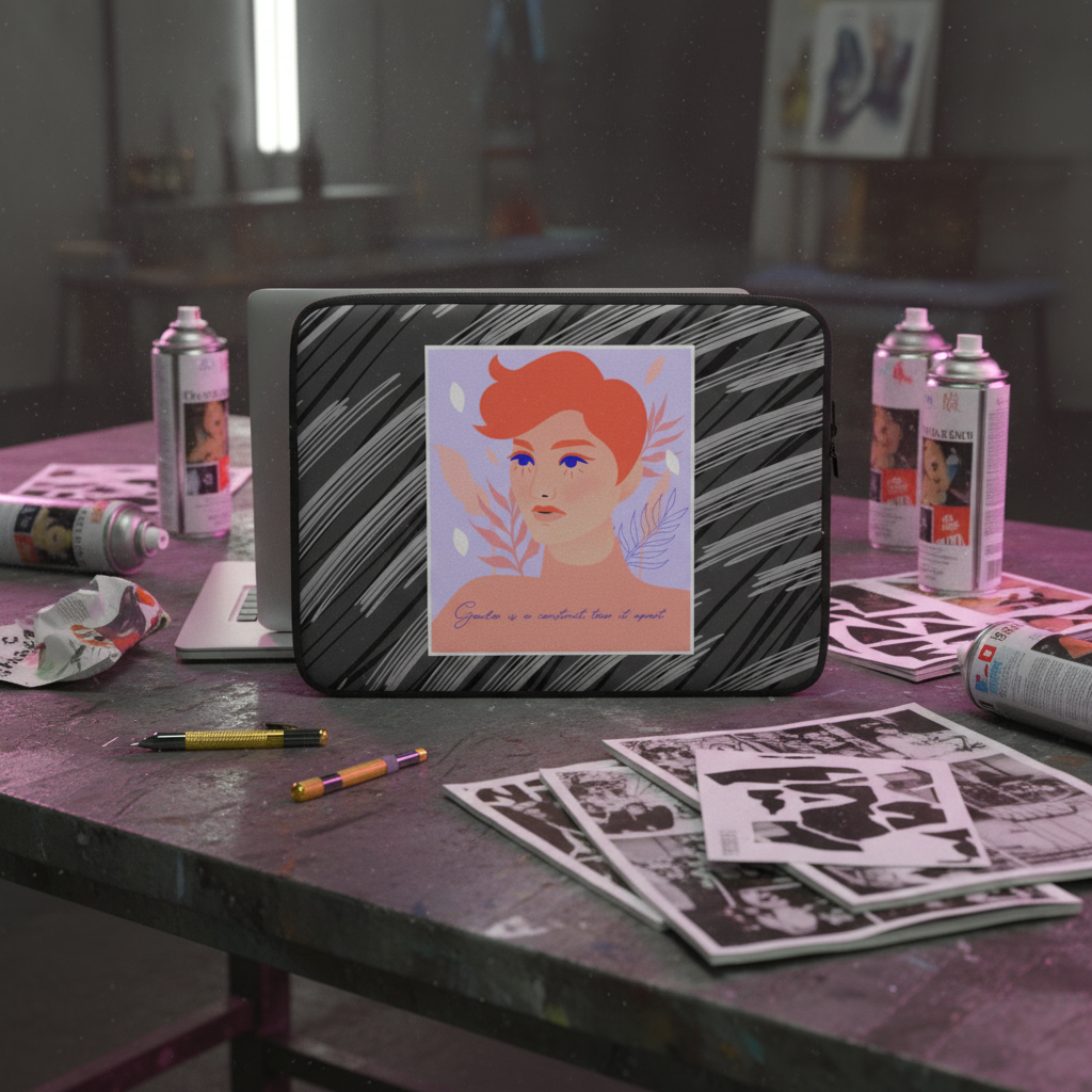 Laptop sleeve with a red-haired portrait and the quote "Gender is a construct; live it proud" on a cluttered table with queer art vibes.