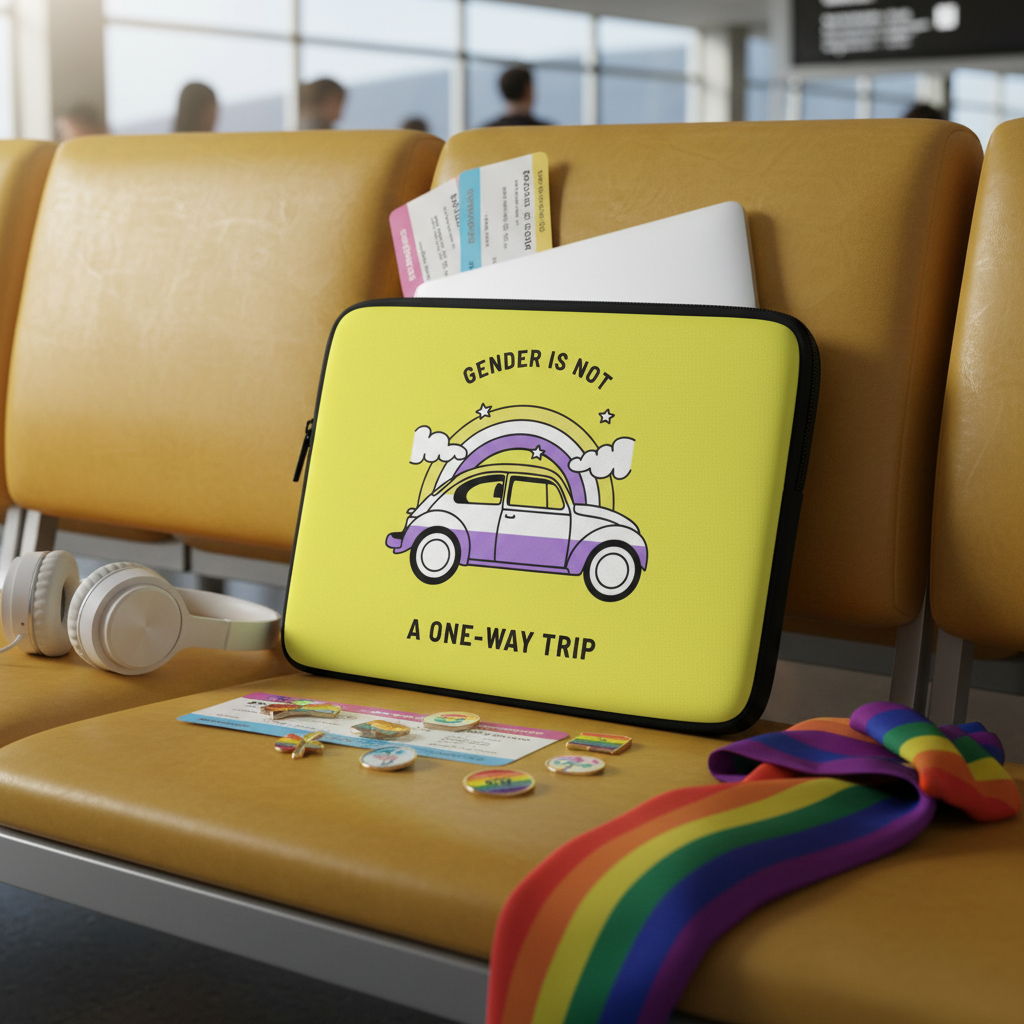 Yellow "Gender Is Not A One-Way Trip" laptop sleeve with a cartoon car, rainbow, and the slogan “Gender is not a one-way trip.”.