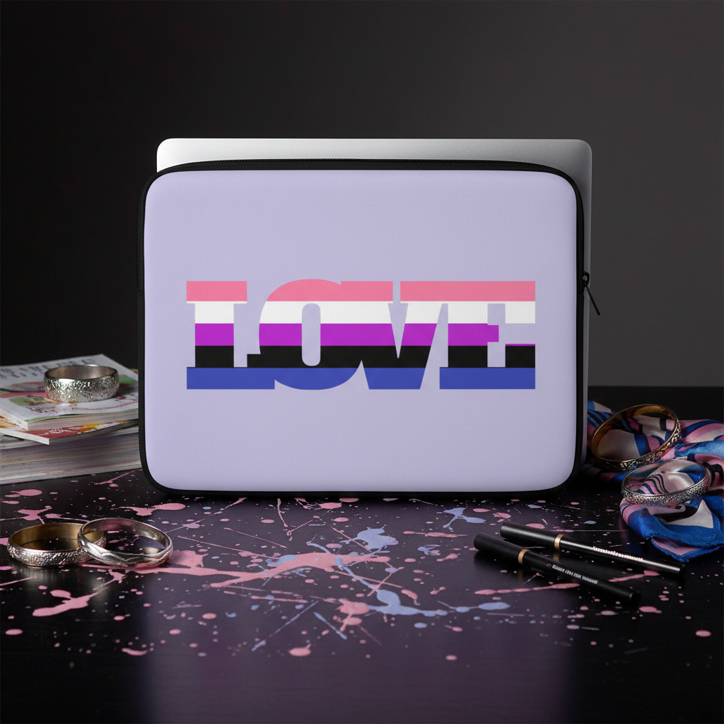 Lavender Genderfluid Love laptop sleeve with "LOVE" text and genderfluid flag stripes, on a splatter desk with queer accessories.
