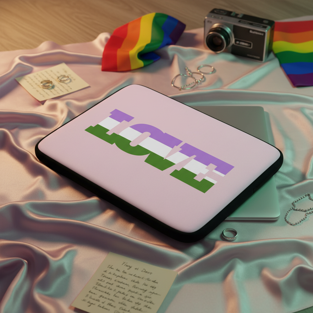 Genderqueer Love Laptop Sleeve with "LOVE" in purple, white, and green on pink; shown on satin with rainbow flags, camera, jewelry, note.