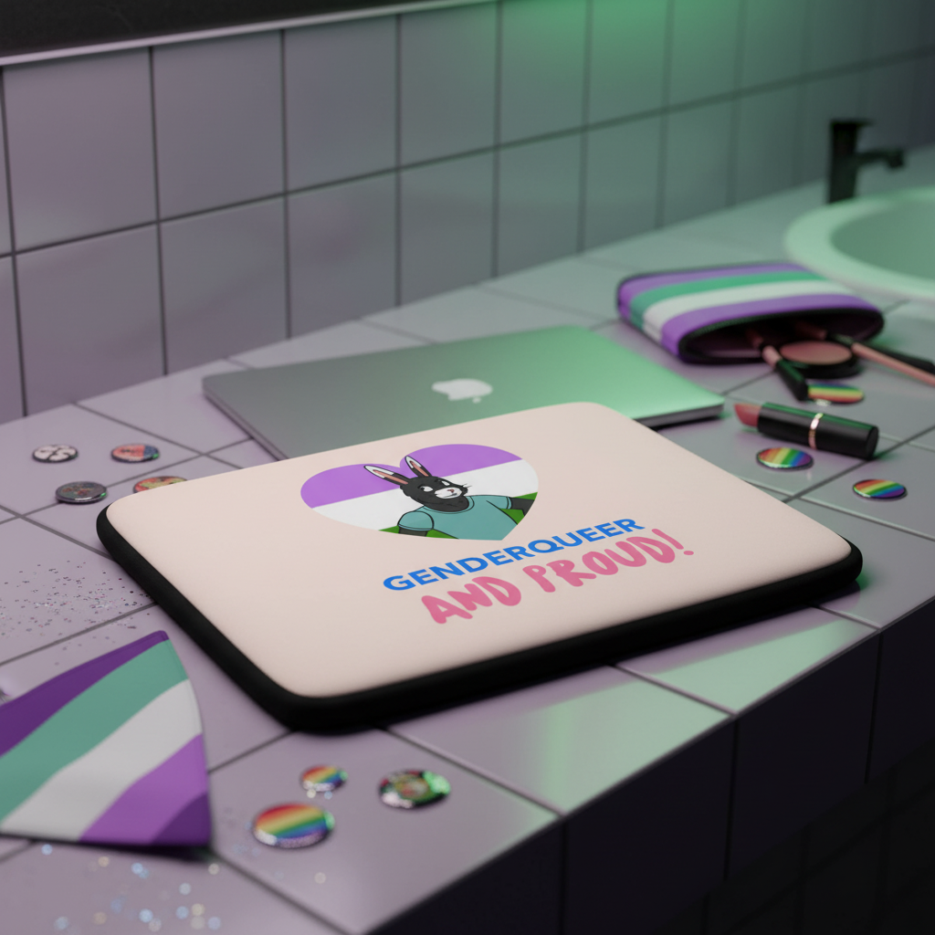 Genderqueer And Proud laptop sleeve with donkey graphic and genderqueer flag, rainbow and genderqueer pins, makeup bag, brushes, closed MacBook.