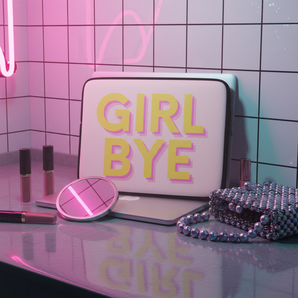 Neoprene "Girl Bye" laptop sleeve with bold yellow and pink text sits on a shiny counter, lit by neon pink, femme essentials nearby.