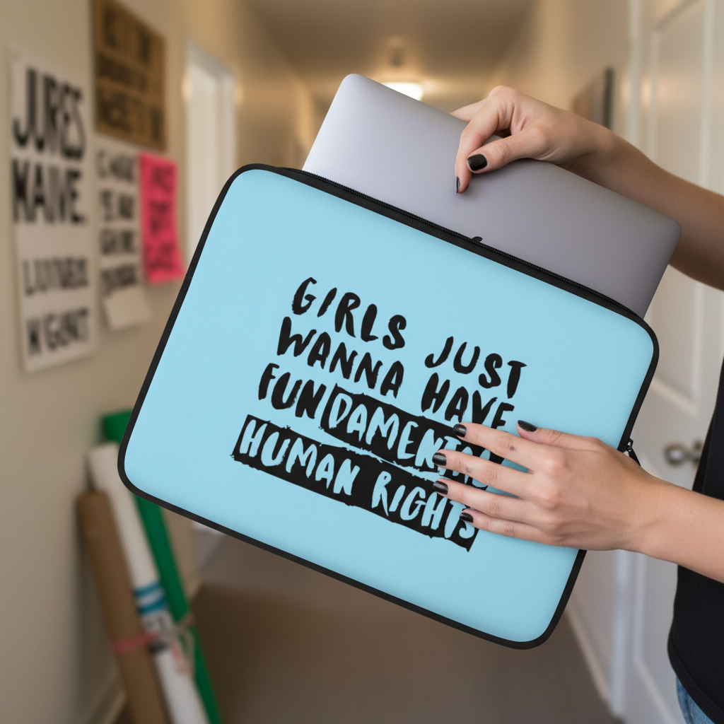 Laptop sleeve with bold black text reading "Girls Just Wanna Have Fundamental Human Rights," held by someone in a hallway with protest signs.