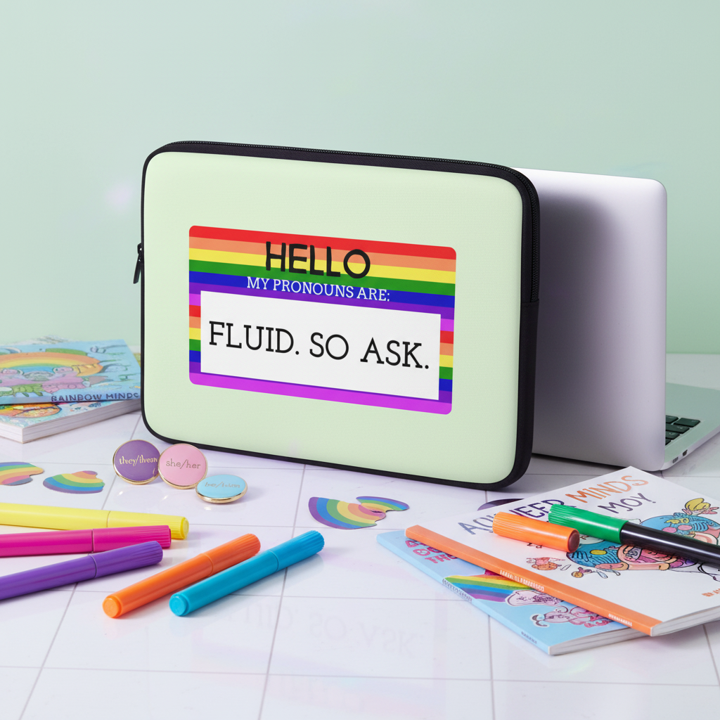 Laptop in a "Hello My Pronouns Are Fluid. So Ask." sleeve, with rainbow sticker, queer pins, markers, and LGBTQ+ kids’ books on pastel desk.
