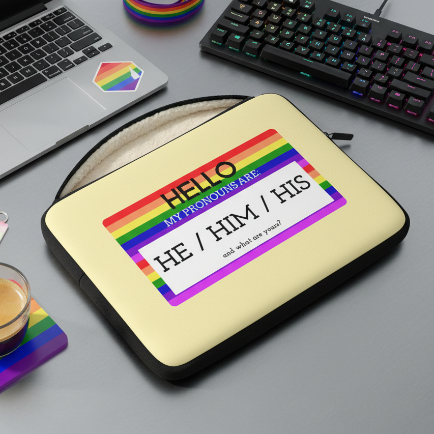 Cream laptop sleeve with a rainbow-striped sticker reading “HELLO MY PRONOUNS ARE: HE / HIM / HIS,” on desk with coffee, rainbow coasters, and a laptop.